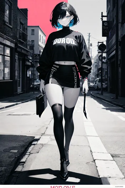 poster style, specific text, strong color contrast, stunning composition, bold and trendy, sexy girl, confident, urban street scene,english text, Bold Fashion,Confident Attitude,Female Empowerment,Street Style,Urban Fashion,Bold Typography,High,Contrast Colors,Sensual Clothing,Eye-catching Composition,Cityscape Vibes