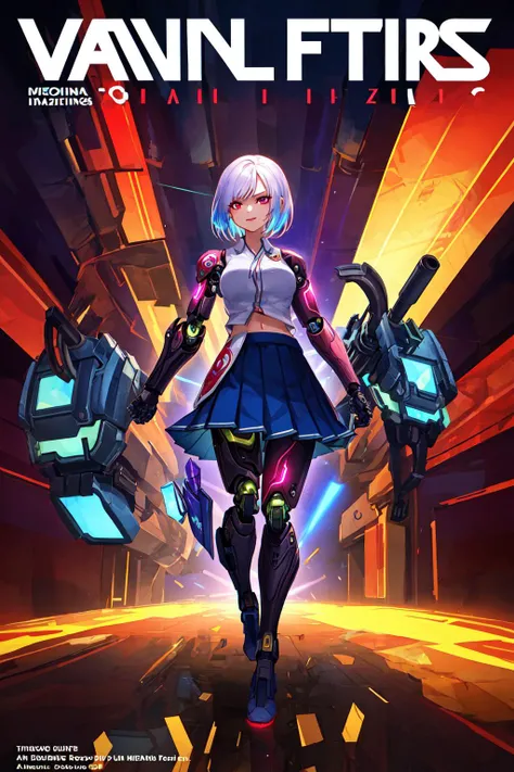 An amazing illustration featuring a female cyborg in an empty abandoned room, wearing a pleated skirt, evil, dynamic background with vibrant elements, magazine cover-style, intense colors, contrast, intricate background, reflective metal, (cleavage:0.4)