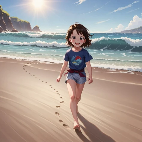 Cheerful anime girl walking barefoot on a sandy beach, feet leaving footprints in the sand, holding her shoes in hand, ocean waves in the background.