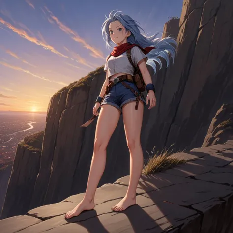 A spirited anime adventurer standing on a cliff edge, bare feet firmly planted, gazing into the distant sunset, hair billowing in the wind