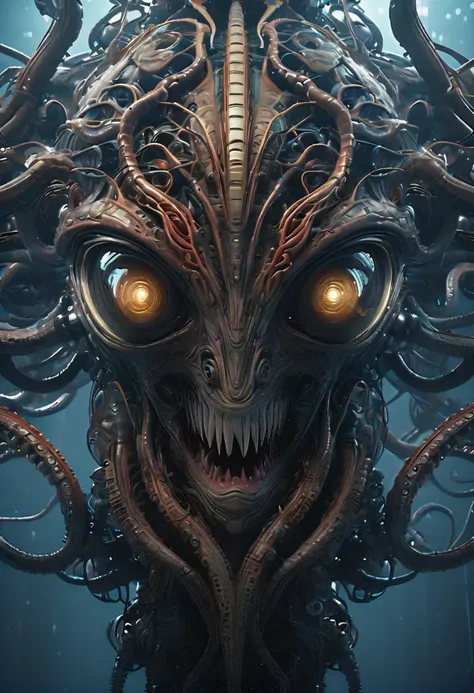 portrait of a cybernetic evil robotic alien creature, (high quality, 8k, hyper detailed), award winning, national geographical magazine, (masterpiece:1.1), (highest quality:1.1), facing camera, intricate design and details, ultra detailed, highest detail quality, ultra realistic, photography lighting, overcast reflection mapping, photorealistic, cinemeatic, quality rendering, octane rendering, focused, 8k, depth of field, real shadow, vfx post production, symetrical eyes, face symmetry