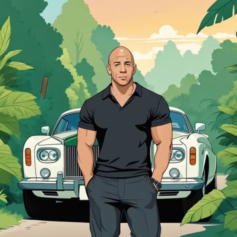 retro cartoon style, flat color, clean lines, outline, line art, (Vin Diesel:1.2) with a Rolls Royce car, greenery, masterpiece, best quality, (perfect face)