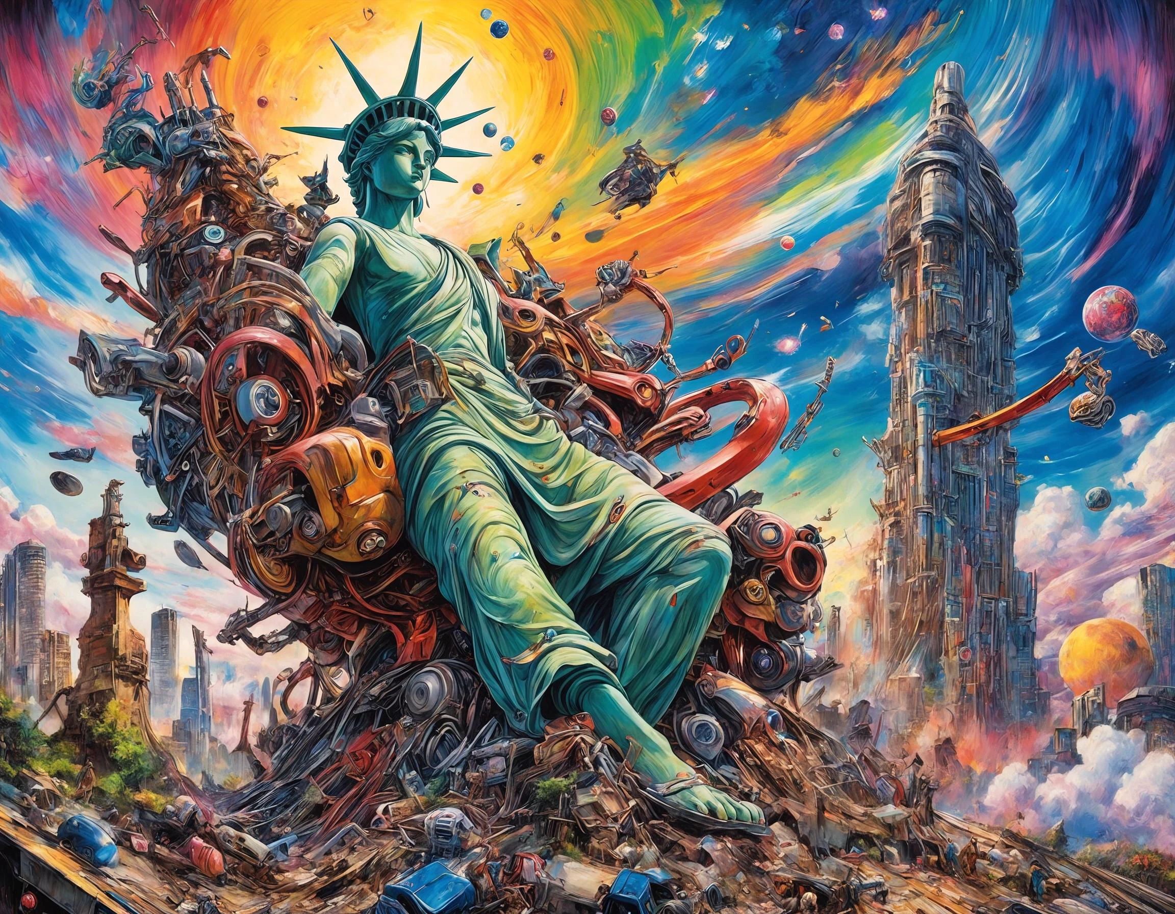 A detailed Akira Toriyama oil painting of liberty statue etc etc. (I lost the actual prompt)