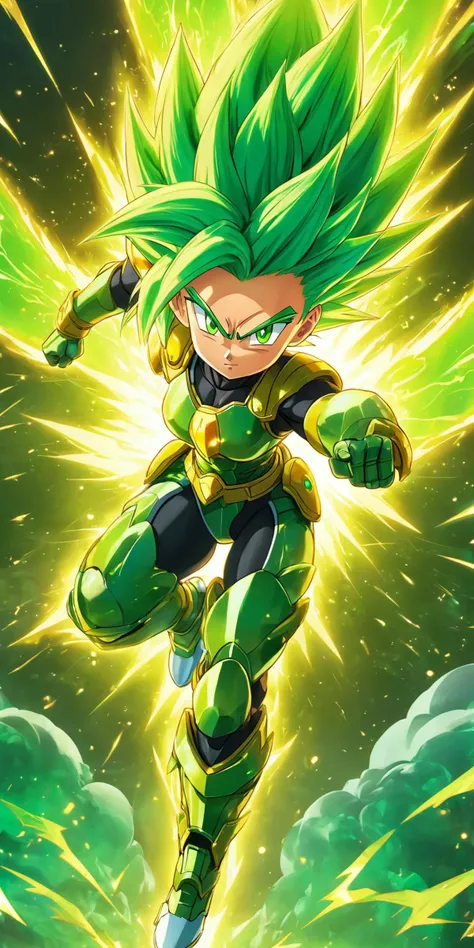 super sayan girl, full body, armour shoes, flying, full body, draw, sayan armour, green hair, green aura, flying, looking at viewer, intricate details, high quality shadow, Depth of field, perspective, muscular, abs, light source contrast, cartoon<lora:more_details:1.0>