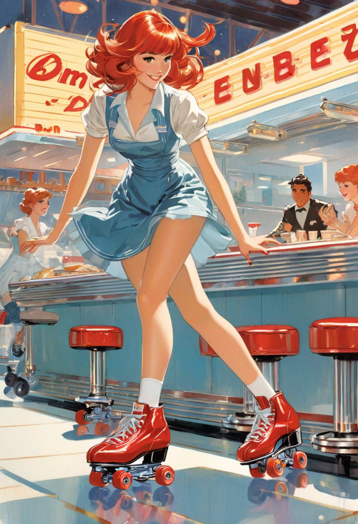 Waitress, red head, roller skating, drive-in diner, art by Makoto Shinkai, art by J.C. Leyendecker