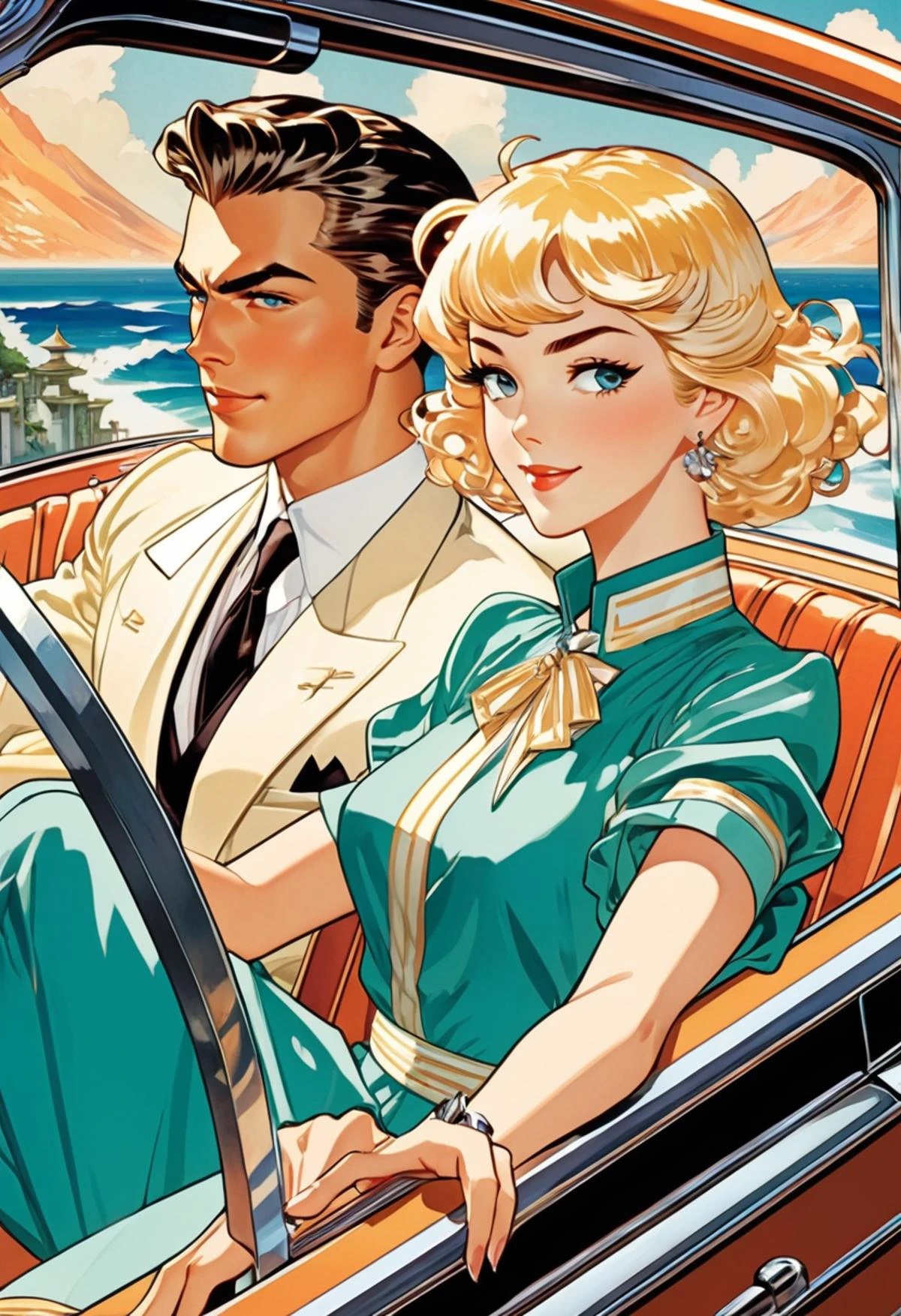 Anime artwork. Couple crusing in a car, art by J.C. Leyendecker, anime style, key visual, vibrant, studio anime, highly detailed