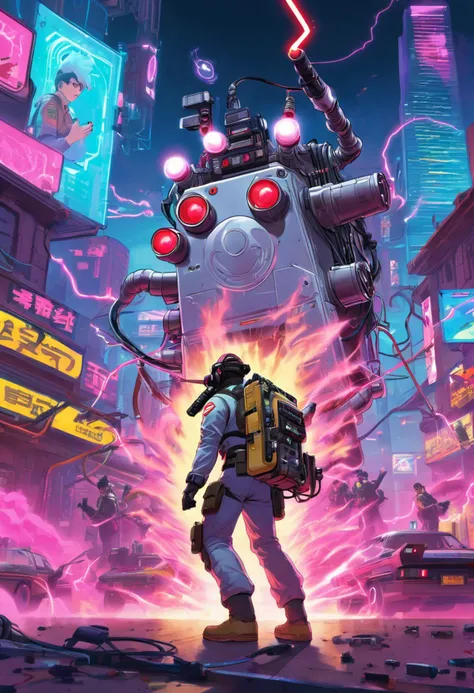 Anime artwork. Ghost Busters,  firing Spenglerâs Proton Pack,  wearing VR helmet,  cyberpunk 2077 cityscapes