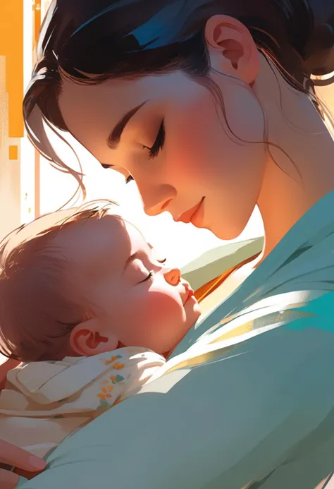 Close up of a mother cradling a , sleeping, art by Pascal Campion, art by Atey Ghailan, art by Joelle Jones style