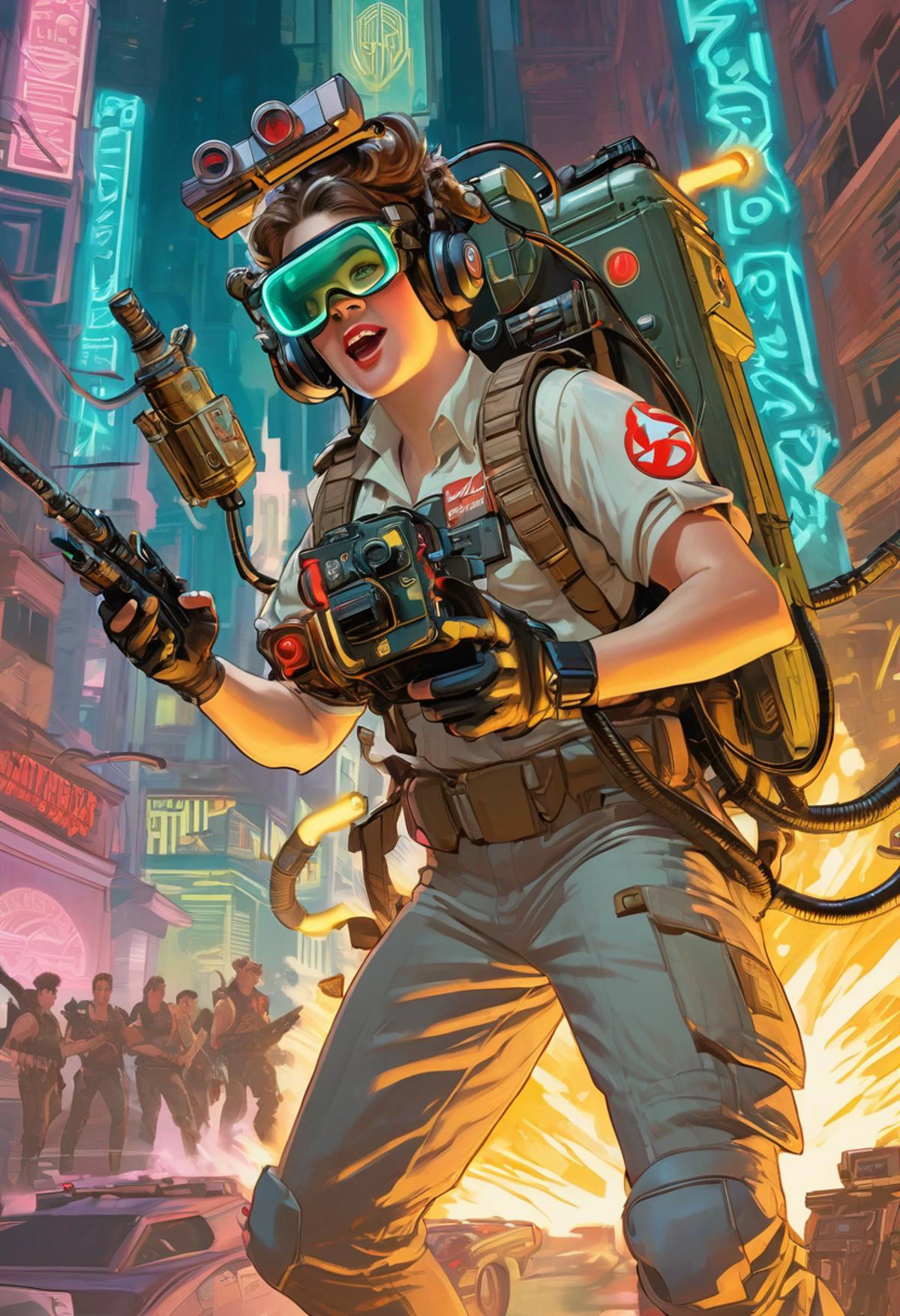Ghost Busters, firing Spenglerâs Proton Pack, wearing VR helmet, cyberpunk 2077 cityscapes, art by J.C. Leyendecker