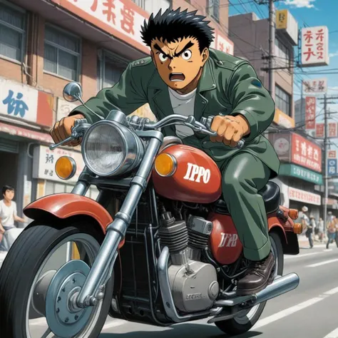 Ippo Makunouchi riding a motorcycle, intricate details,