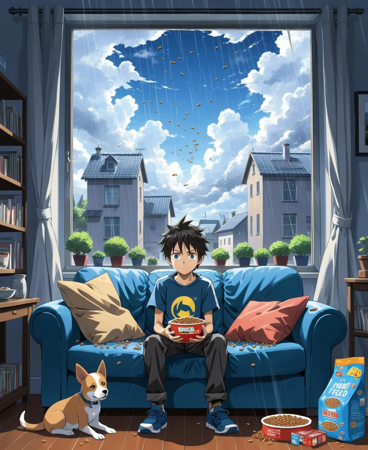 anime style, a young boy is sitting on a sofa with a dog, a pack of dog food, in the background there is a large window behind which it is raining, insane detialed, <lora:add-detail-xl:2>