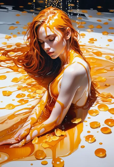 long shot, full body, woman with wet hair covered in honey, resting on the petals in the style of stefan kostic, art by Agnes Cecile, art by stanley lau, artgerm, wlop, caidychen, kuvshinov ilya, backlit, refracted lighting, elegant, far distance shot, 8 k high definition, ultra clear photo, insanely detailed, intricate, elegant