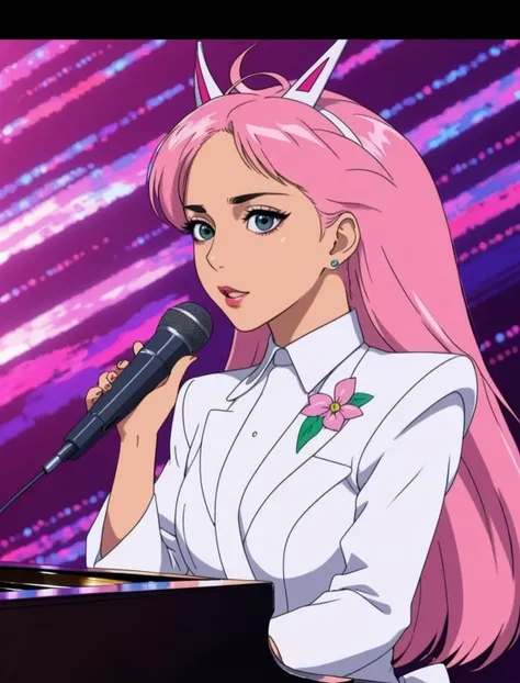 Glitch art style young woman in the style of love hina, with a microphone, singing, by style ken akamatsu, by style Elfen Lied, by style demon Slayer, piano, stage, anime screenshot , perfectly drawing hands, . Data corruption, pixel sorting, compression artifacts, VHS distortion, cyberpunk, vaporwave