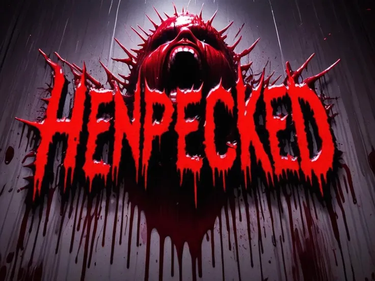 (HenPecked text logo:1.2), neon red, blood red, spikey, blood splattered, dripping, horror , face of anguish<lora:Harrlogos_v1.1:1>