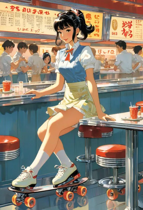 Anime art, Asian Waitress, roller skating, drive-in diner, art by Makoto Shinkai, art by J.C. Leyendecker