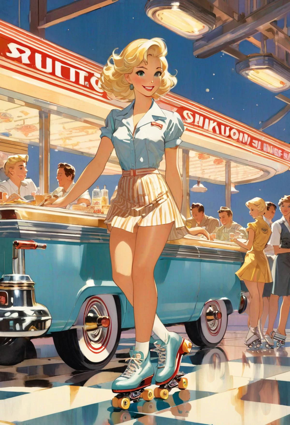 Blonde Waitress, roller skating, drive-in diner, art by Makoto Shinkai, art by J.C. Leyendecker