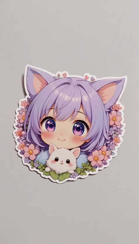 Sticker of a cute, round little animal with big, sparkling eyes and a gentle smile on its face. It has soft, pastel-colored fur. The small critter is surrounded by dainty, heart-shaped flowers in complementary pastel shades, adding to the sticker's overall charm.The white background provides the perfect canvas for this adorable creature, allowing its pastel features to pop and catch the eye. The sticker design exudes a warm and playful energy, making it an endearing addition to any item it adorns.