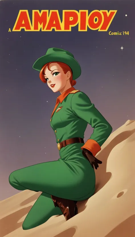 a cover for a comic book, a comic book cover about all space cowboy, 1 cowboy wearing a hat in the style of amazing stories, 1940s 1950s, red and green, comic art, realistic genre scenes, romanticized realism dynamic