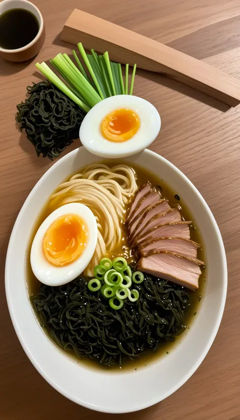bowl of steaming hot ramen noodles, with a variety of toppings including sliced pork, boiled egg, green onions, and a sheet of nori (dried seaweed). The broth looks rich and flavorful, likely made from a combination of chicken, pork, and dashi.