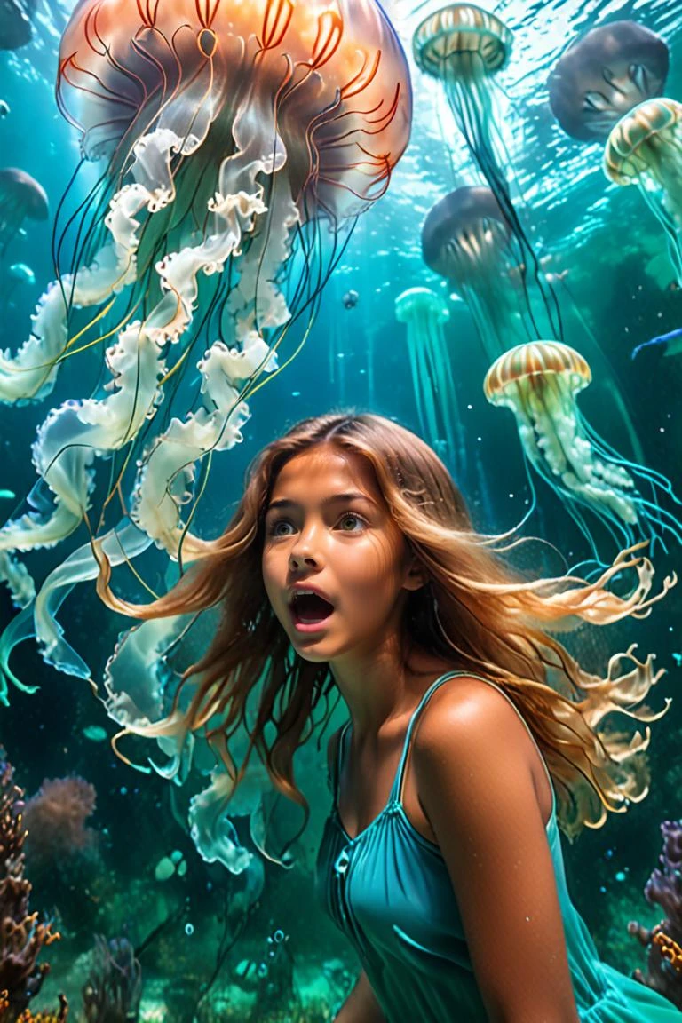 through the transparent barrier of an underwater observation pod, a terrified young girl gazes wide-eyed at the colossal figure of a Lionâs Mane Jellyfish. The glass wall magnifies the immense Jellyfish's size, highlighting its tentacles and baggy fluid-like body and vibrant bioluminescence colors. The girl's fear is palpable, her small frame contrasted against the overwhelming might of the ancient creature outside. The underwater scene is enveloped in an eerie blue-green glow, illuminated by the pod's artificial lighting. This tense and dramatic moment is captured as a hauntingly realistic photograph, taken with a telephoto lens that captures both the intricate details of the Lionâs Mane Jellyfish features and the raw emotion etched across the girl's face., <lora:EMS-36559-EMS:0.800000>