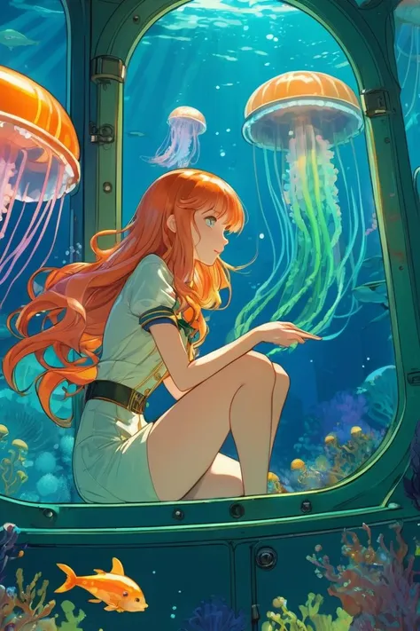 anime artwork,  Girl,  ginger,  sitting beside a large submarine window,  underwater scene,  florescent jellyfish,  art by J.C. Leyendecker . anime style,  key visual,  vibrant,  studio anime,  highly detailed