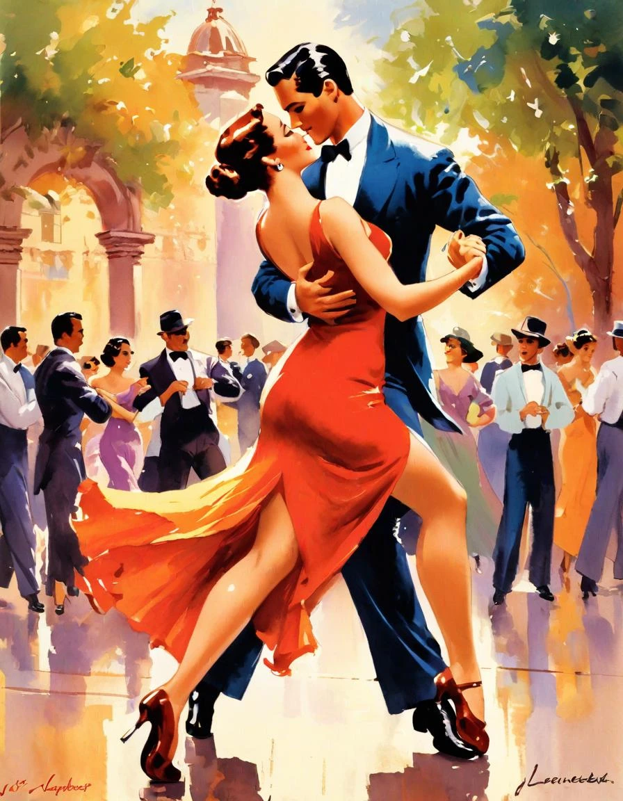 Couple dancing tango, Buenos Aires outdoors, art by J.C. Levendecker