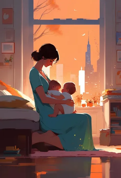 Mother cradling a baby,  art by Pascal Campion,  art by Atey Ghailan,  art by Joelle Jones style