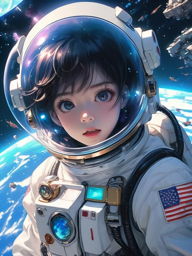 Anime artwork, A cinematic photo of a 25 year old Japanese Male floating in outer space above earth, Earth in the background below, Small bits of space junk flying in the background, Destroyed ships in the background, He is wearing white astronaut space suit, with helmet, Stars in background, (Dazzling lights:1.2), Beautiful colors, Complex, beautiful, Slick, Cyberpunk style, Matrix style, Holographic systems, Glitch, Sci fi, Chromatic, holographic, dramatic, atmospheric, Masterpiece, Ultra detailed, Front facing view, Studio Anime, (Anime:1.2), SimplepositiveXLv1