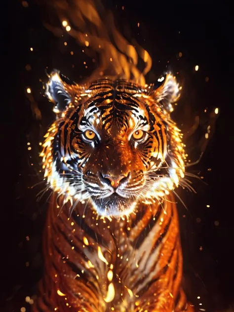 A tiger made of fire, looking at the viewer, close too viewer, surrounded be streams of light and fire, mystical, sds_particle_flow, wide close shot portrait, dof <lora:sdxl_++:0.75>