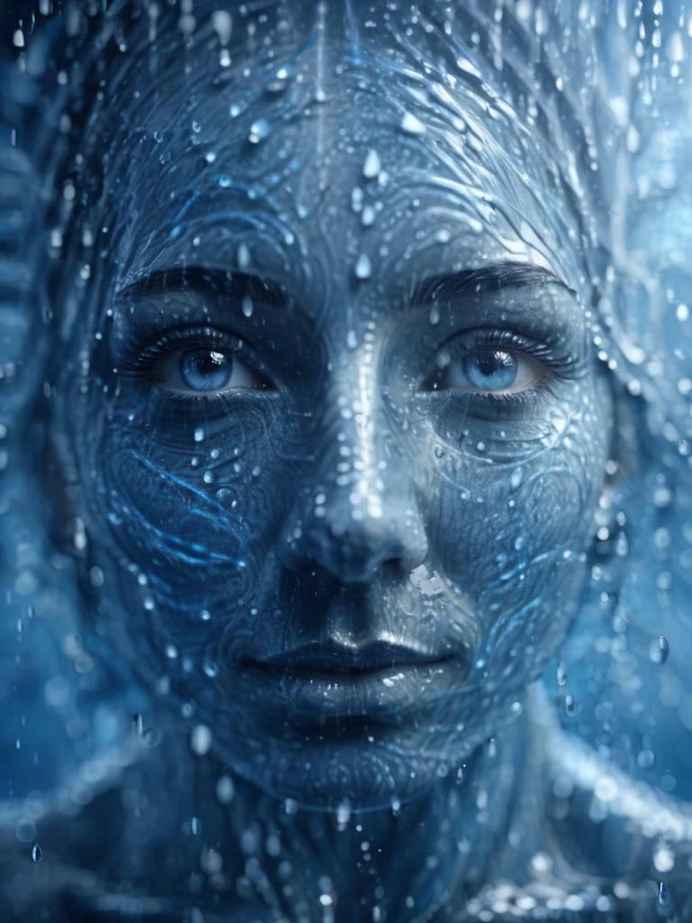 Visage of a woman made from water, looking at the viewer, close too viewer, surrounded be streams of water and droplets, mystical, sds_particle_flow, wide close shot portrait, dof <lora:sdxl_++:0.75>