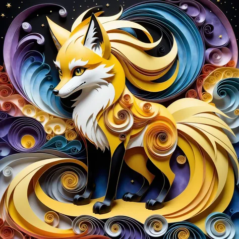 Paper quilling art of romantic style Digital art,full body shot, by style Irina Kapi, Scott Bergey, Schim Schimmel, Tim Burton, Trey Ratcliff, Klaus Herrmann, Serge Ramelli, Carne Griffiths, Wayne Barlowe, yellow-black image a nine-tailed fox man in human form, ART deco, beauty, incredible, nebula,ultra-detailed composition, semantic connections, curls, patterns, fire, floating objects, incredible landscape, unearthly view, starlight, sharp focus, abstraction, magic, emotional, dramatic, nature-focused, extremely detailed, detailed texture, realism pushed to extreme, fine texture, detailed texture:1.5, incredibly life like, insane detailed , Intricate, delicate, curling, rolling, shaping, coiling, loops, 3D, dimensional, ornamental