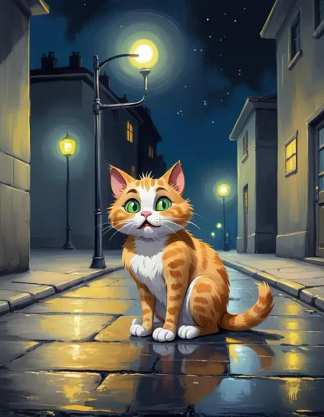 Oil brush painting. Cartoon sketch of a confused cat sitting on the pavement at night