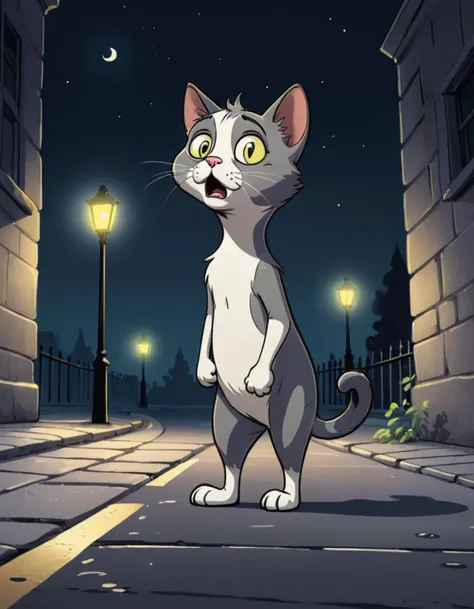 Cartoon sketch of a confused cat standing on the pavement at night