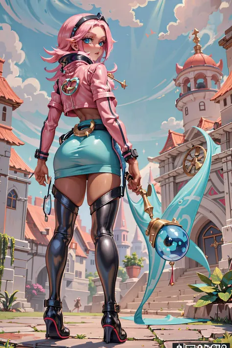 (masterpiece), (best_quality), (ultra-detailed), (illustration), (welcoming), depth of field, 1girl, (fruit viper scientist cleric:1.3), (in an  alchemy laboratory:1.3), scenery, (full body:1.4), (blush:1.3), , pastel aqua eyes, [:skimpy costume design:0.2], (from behind:1.5), (looking at viewer:1.7), (small breasts:1.5), wide hips, narrow waist, tall, toned hourglass figure,, ((leather jacket:1.2):1.2), (dark skin:1.3), official art, vivid color, finely detailed, hyper detailed, 8k, high resolution illustration, absurdres, intricate detail <lora:EnvyBeautyMix01:1>