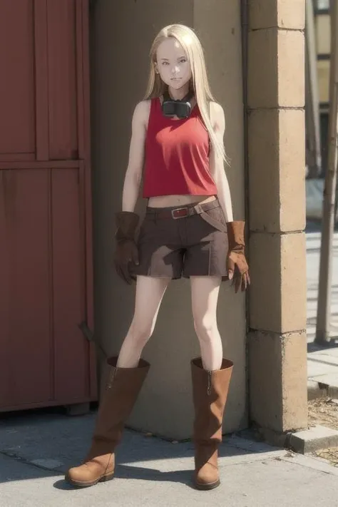 photo, 1 sexy girl , best quality, mememphoo , (red tanktop), no sleeves, brown boots, (short pants), brown gloves, device on the neck , blonde long hair, blue eyes <lora:mememphoo:0.8>, full body