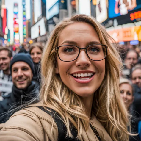 blonde girl taking selfie in Times Square, analog style, photorealistic, very detailed