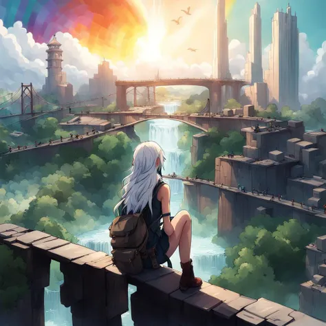 ass, woman, cityscape, city, cloud, scenery, skyscraper, building, cloudy sky, sky, long hair, from behind, outdoors, bird, ruins, 1girl, sunlight, tower, facing away, city lights, green hair, water, sunbeam, light rays, bridge, post-apocalypse, tree, backpack, very long hair, lens flare, knee boots, mountain, river, waterfall, white hair, solo, weapon, skyline, rainbow, neon trim