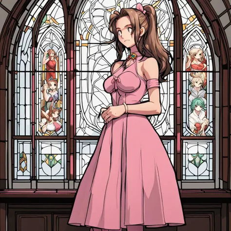 choker, cropped jacket, hair bow, bracelet, pink dress, aerith gainsborough, 1girl, solo, comics style, analog style, illustration, lineart, pawg, large ass, indoors, stained glass window
