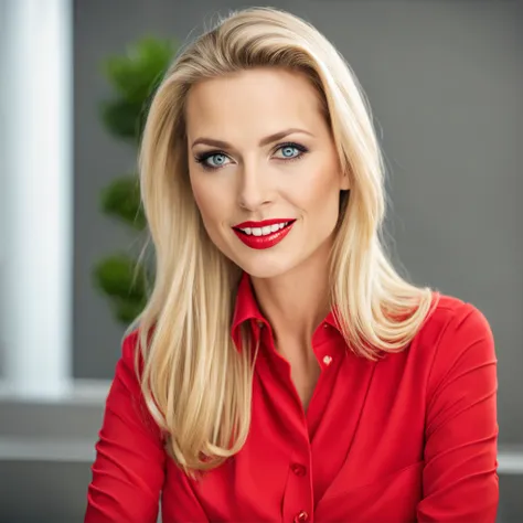 gorgeous blonde woman, wearing a red shirt, sitting in office, 1girl, solo, female, large ass, pale skin, 21 years old, slim waist, cleavage, detailed face, detailed eyes, luxury high rise