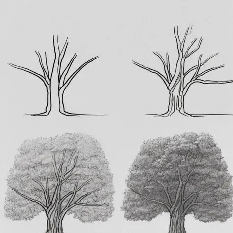 Drawing a tree in 4 steps, greyscale