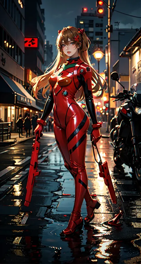 best quality, masterpiece, realistic, photorealistic, 1girl, solo, looking at viewer, full body, standing, long hair, asuka cosplay costume, cosplay, plugsuit, bodysuit, hair ornament, detailed background, in street, night, light, rain, 