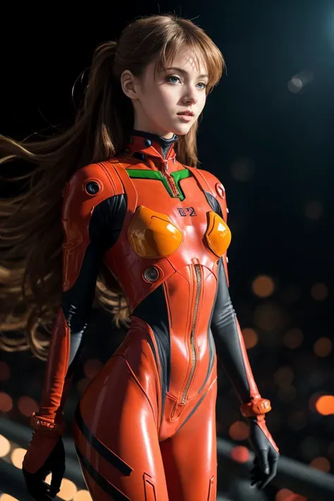 <lora:souryuuasukalangleyV9:1>, Anna is a latina girl, long hair, hourglass body figure, plugsuit 02, (best quality, masterpiece, colorful, dynamic angle, highest detailed), (Asuka Langley), upperbody shot, fashion photography of cute, intense long hair, dressing high detailed Evangelion red suit in dynamic pose, bokeh, light passing through hair, perfect night, (abstract background:1.3)