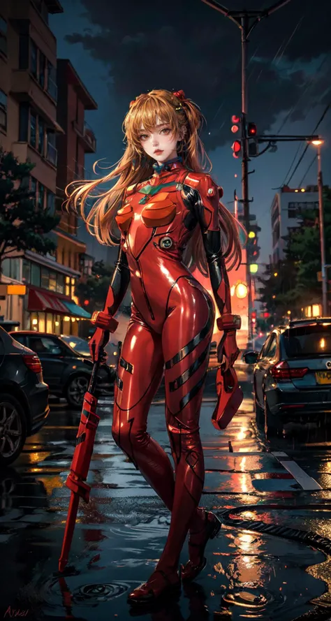 best quality, masterpiece, realistic, photorealistic, 1girl, solo, looking at viewer, full body, standing, long hair, asuka cosplay costume, cosplay, plugsuit, bodysuit, hair ornament, detailed background, in street, night, light, rain, <lora:asuka_cosplay_costume_v1:0.7>