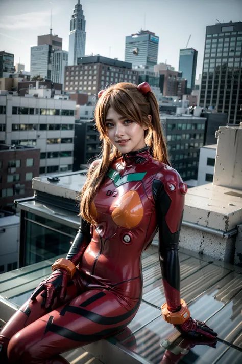 (8k, best quality, masterpiece:1.2), ultra-detailed, Masterpiece, realistic lighting,masterpiece, best quality, masterpiece, official art,extremely detailed CG unity 8k wallpaper,beautiful detailed eyes, light on face, cinematic angle,depth of field, 1girl, solo, Asuka, ((red hair)) breasts, pilot_suit, (plugsuit 02), red_bodysuit, gloves, hair_ornament, (twintails:1), bracer, full body, mecha, armor, (japanese city streets background), looking to the side, grin, <lora:souryuuasukalangleyV9:0.8> <lora:lora_leica:1> <lora:JapaneseDollLikeness_v15:0.3>