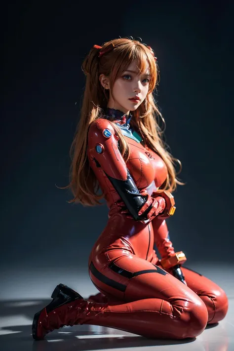 best quality, masterpiece, realistic, photorealistic, 1girl, solo, looking at viewer, full body, wariza, long hair, asuka cosplay costume, cosplay, plugsuit, bodysuit, hair ornament, simple background, Beautiful expression, Beautiful breasts,exy posing,whole body, composition that shows the whole body, smiling,standing posing