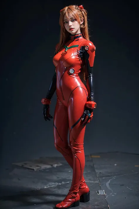 best quality, masterpiece, realistic, photorealistic, 1girl, solo, looking at viewer, full body, kneeling, long hair, asuka cosplay costume, cosplay, plugsuit, bodysuit, hair ornament, simple background, <lora:asuka_cosplay_costume_v1:0.65>