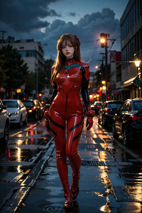 best quality, masterpiece, realistic, photorealistic, 1girl, solo, looking at viewer, full body, standing, long hair, asuka cosplay costume, cosplay, plugsuit, bodysuit, hair ornament, detailed background, in street, night, light, rain, <lora:asuka_cosplay_costume_v1:0.7>