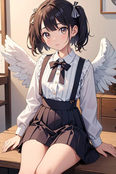 (masterpiece, best quality), 1girl, <lora:NakayamaChiyo-10:0.8> nakayamachiyo, angel wings, striped shirt, suspender skirt