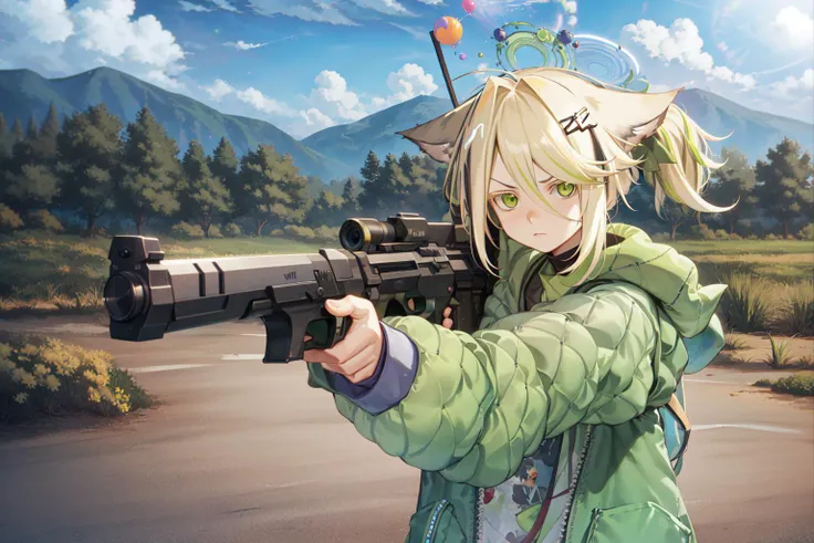 masterpiece, best quality, <lora:mayumi20Virtuareal_v10A3:0.8>,vr-mayumi,dress,halo,jacket,from side,outdoors,wasteland,holding gun, (((serious face))),aiming at viewer,