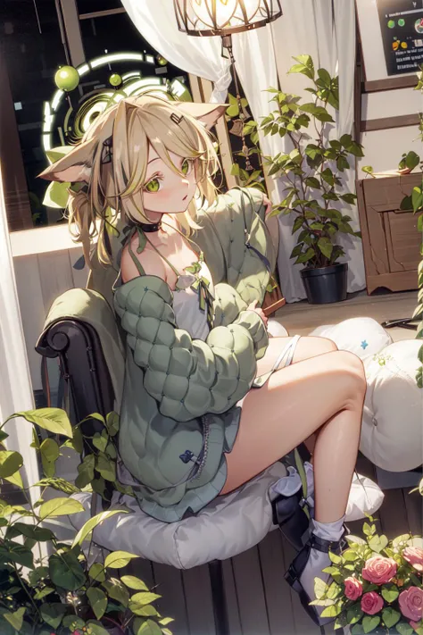 masterpiece, best quality, <lora:mayumi20Virtuareal_v10A3:0.8>,vr-mayumi,dress,halo,jacket,sitting,from side,window, curtains, instrument, plant, night, bed, couch, indoors, vase, flower, stairs, potted plant, pillow